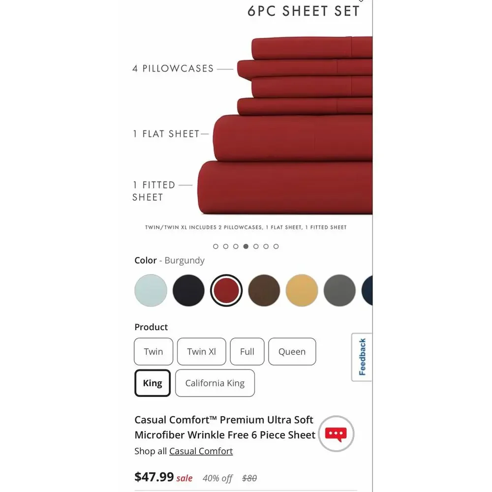 NEW! Casual Comfort iEnjoy King 6PC Premium Sheet Set Burgundy